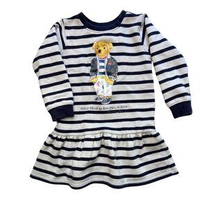 RALPH LAUREN Sweater Dress Girls Striped Nautical Polo Bear Fleece Lined Toddler